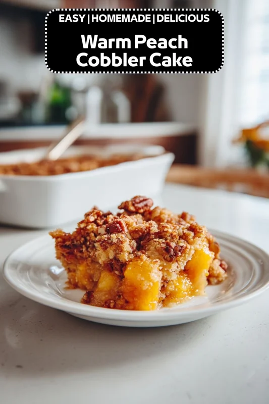 Warm peach cobbler cake topped with crumb streusel and pecans served on a white plate
