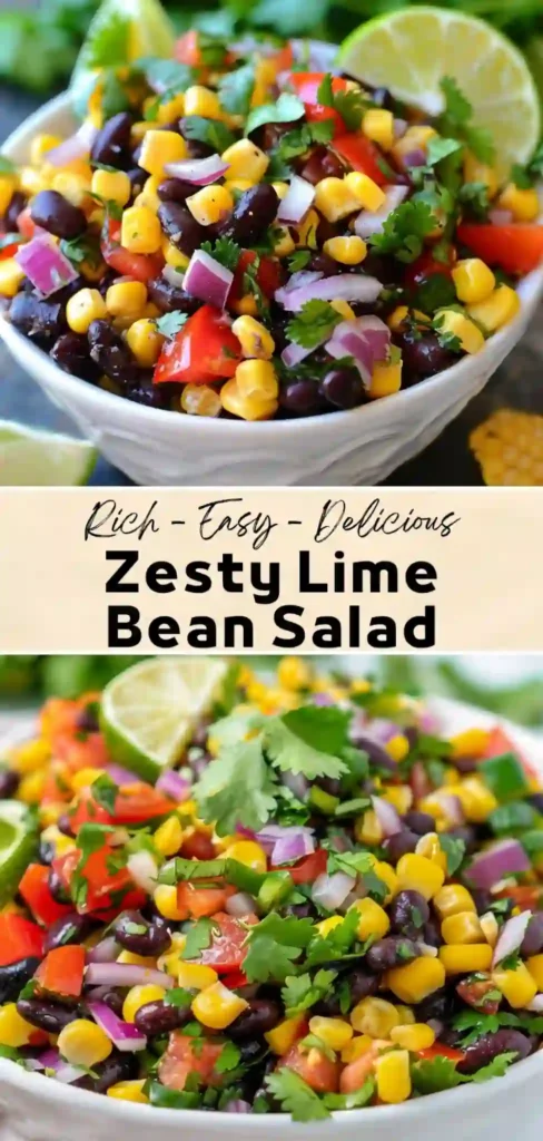 Colorful zesty lime bean salad with black beans, corn, tomatoes, red onion, cilantro, and lime wedges.