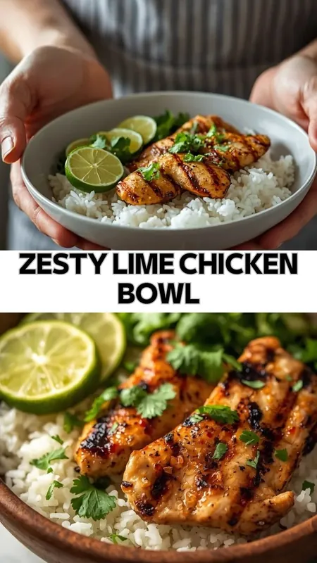 Zesty Lime Chicken Bowl Recipe Zesty lime chicken bowl with grilled chicken, white rice, and fresh lime slices