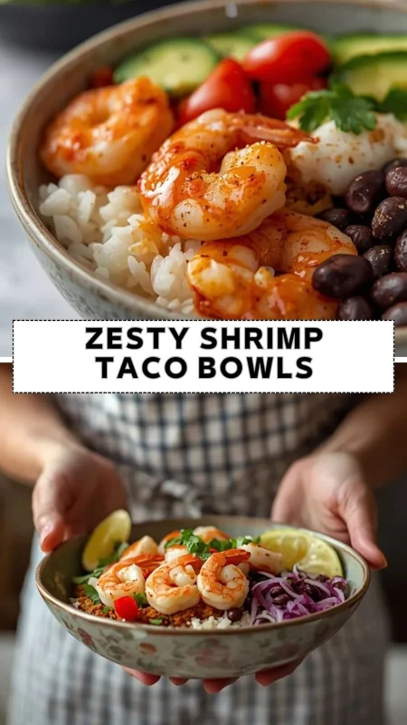 Zesty Shrimp Taco Bowls Recipe for Quick Healthy Dinners Zesty shrimp taco bowls with rice, black beans, fresh vegetables, and lime wedges