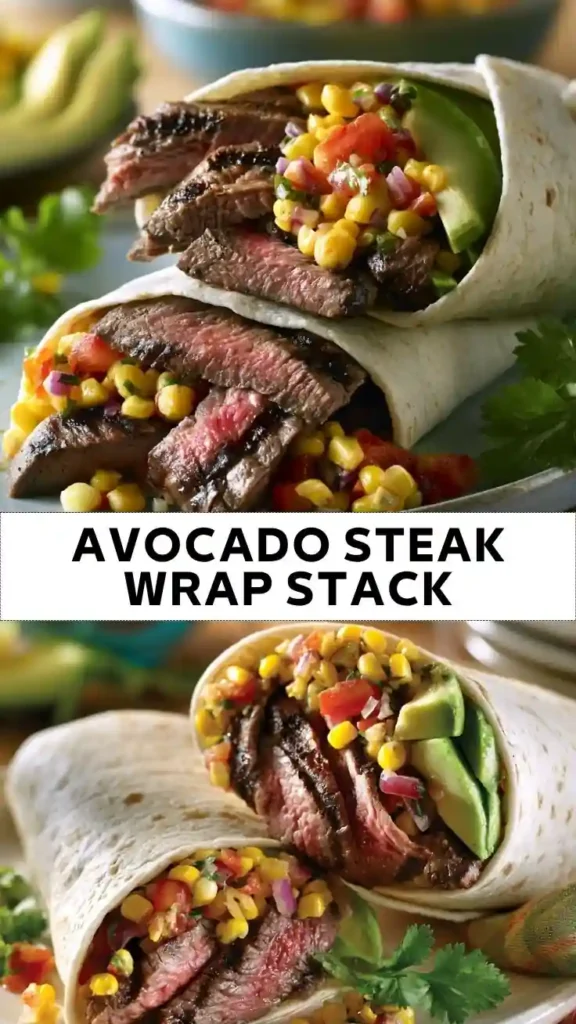 Juicy Steak Wrap with Avocado and Sweet Corn Salsa Avocado Steak Wrap Stack with Grilled Steak, Avocado and Corn Salsa