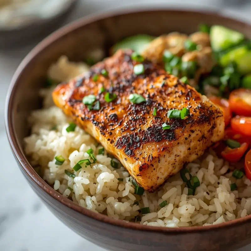 Blackened Mahi Rice Bowl With Colorful Rice Bowl Blackened Mahi Rice Bowl With Colorful Rice Bowl