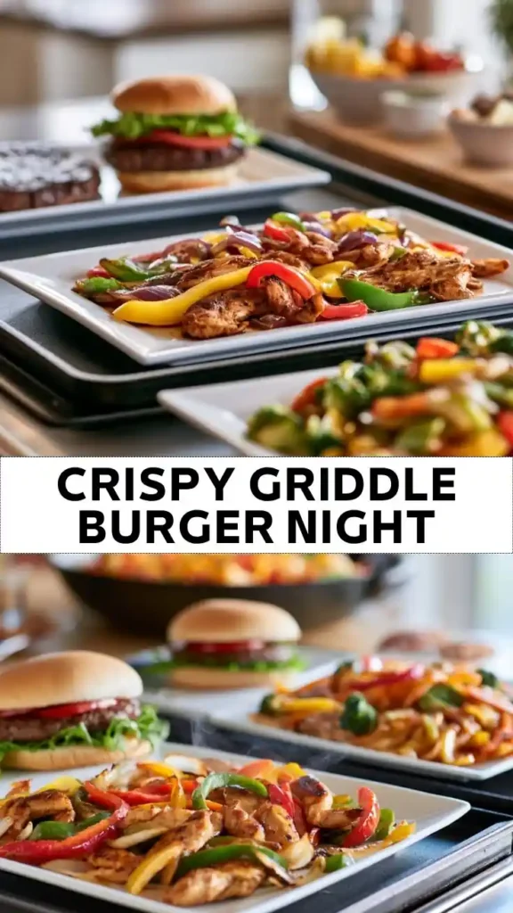 Crispy Griddle Burger Night with Sizzling Veggies Crispy Griddle Burger Night with Grilled Peppers and Onions