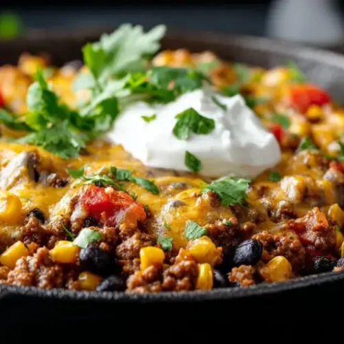Cheesy ground beef burrito skillet with black beans, corn, melted cheese, and sour cream