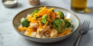 Cheddar Chicken Broccoli Rice Bowl With Broccoli Over Rice