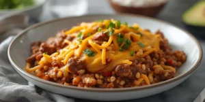 Cheesy Beef Enchilada Rice Skillet With Bubbly Cheese Top