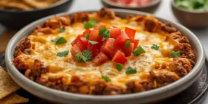 Cheesy Beef Taco Dip With Tomato Topping