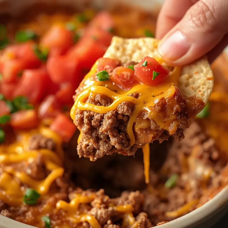 Cheesy Beef Taco Dip With Tomato Topping