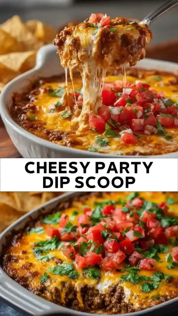 Cheesy Party Dip with Ground Beef and Fresh Tomato Topping