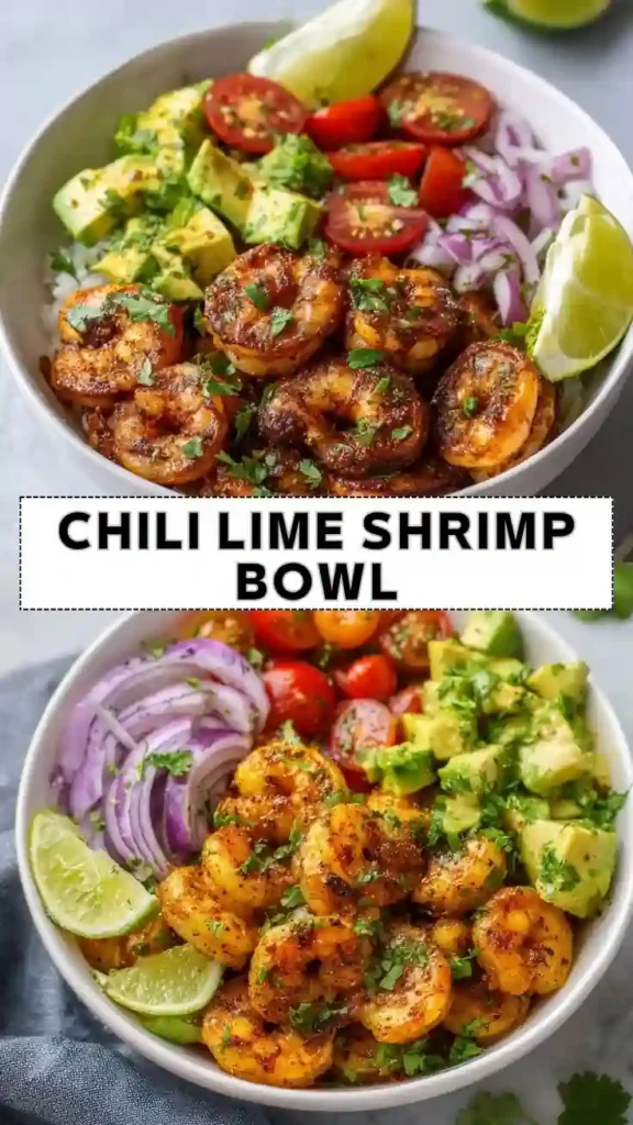 Chili Lime Shrimp Bowl Recipe | Healthy Shrimp Rice Bowl Chili Lime Shrimp Bowl with Avocado, Rice, Tomatoes and Red Onion