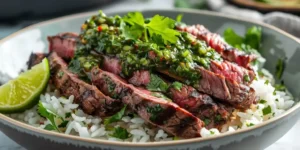 Chimichurri Steak Rice Bowl With Bright Green Chimichurri