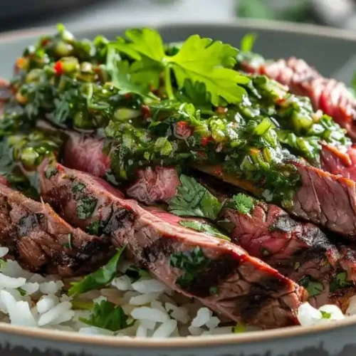 Grilled chimichurri steak rice bowl with fresh herbs and lime