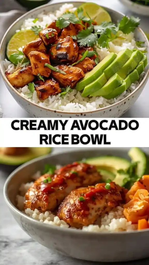 Creamy Avocado Rice Bowl Recipe Creamy avocado rice bowl with glazed chicken and white rice