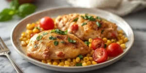 Creamy Corn Tomato Basil Chicken Skillet With Basil Finish