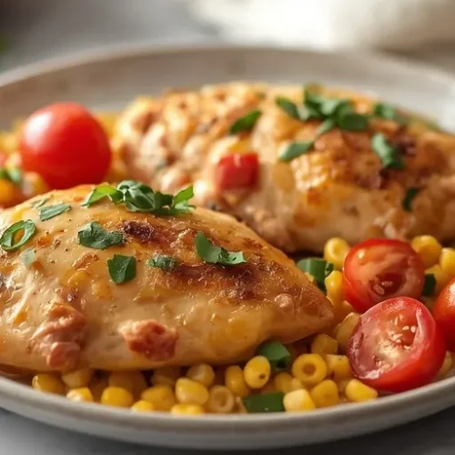 Creamy Corn Tomato Basil Chicken Skillet recipe