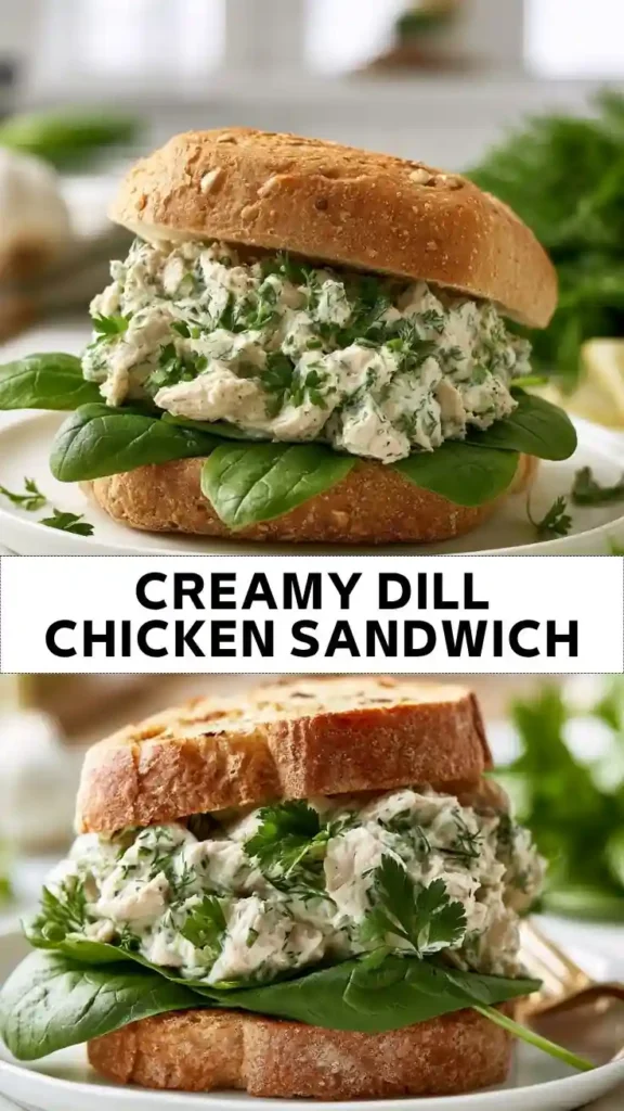 Creamy Dill Chicken Sandwich with Fresh Herbs Creamy Dill Chicken Sandwich on Artisan Bread with Fresh Spinach