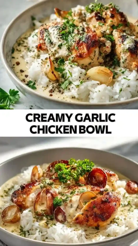 Creamy Garlic Chicken Bowl Over Fluffy Rice Creamy garlic chicken bowl with roasted garlic cloves, white rice, and rich garlic cream Sauce