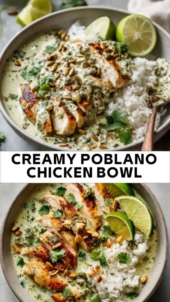 Creamy Poblano Chicken Bowl with Rice, Lime, and Roasted Pepitas