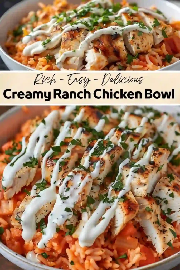 Creamy ranch chicken bowl with grilled chicken, rice, ranch drizzle, and fresh parsley