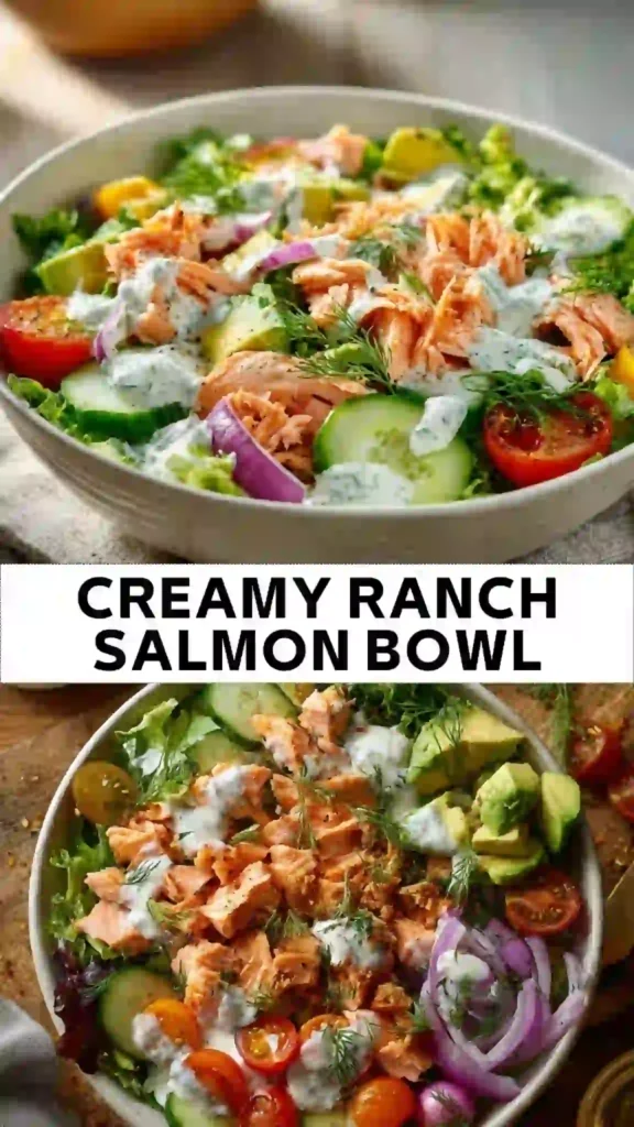 Creamy Ranch Salmon Bowl with Cold Salmon Flakes and Fresh Vegetables