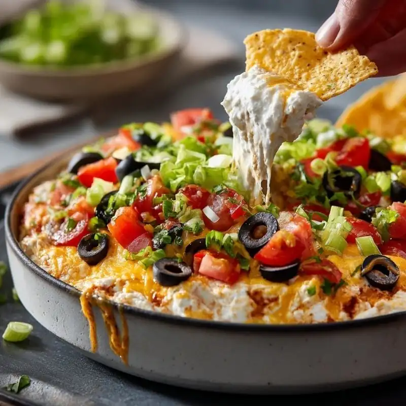 Creamy Ranch Taco Layer Dip Loaded with Fresh Toppings Creamy Ranch Taco Layer Dip with Cheese Tomatoes and Black Olives