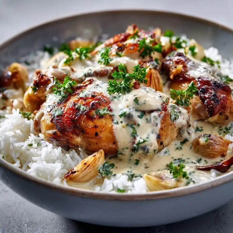 Creamy Roasted Garlic Chicken Rice Bowl Creamy roasted garlic chicken rice bowl with herb sauce