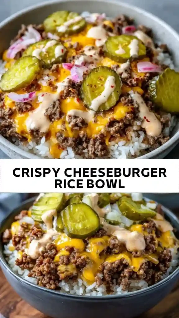 Crispy Cheeseburger Rice Bowl Recipe Crispy Cheeseburger Rice Bowl with Ground Beef, Pickles and Burger Sauce