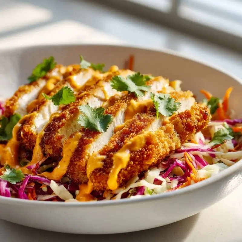 Crispy Citrus Chicken Slaw Bowl with Creamy Spicy Sauce