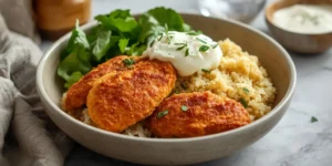 Crispy Cottage Cheese Chicken Bowl With Creamy Cottage Cheese Scoop