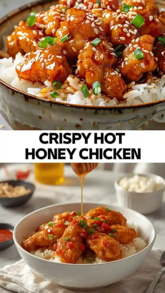 Crispy Hot Honey Chicken Recipe Crispy hot honey chicken served over rice with sesame seeds and green onions