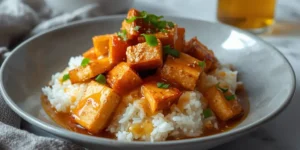 Crispy Tofu Hot Honey Rice Bowl With Hot Honey Drizzle