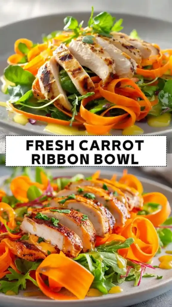 Fresh Carrot Ribbon Bowl with Grilled Chicken Grilled Chicken Fresh Carrot Ribbon Bowl with Greens and Citrus Dressing