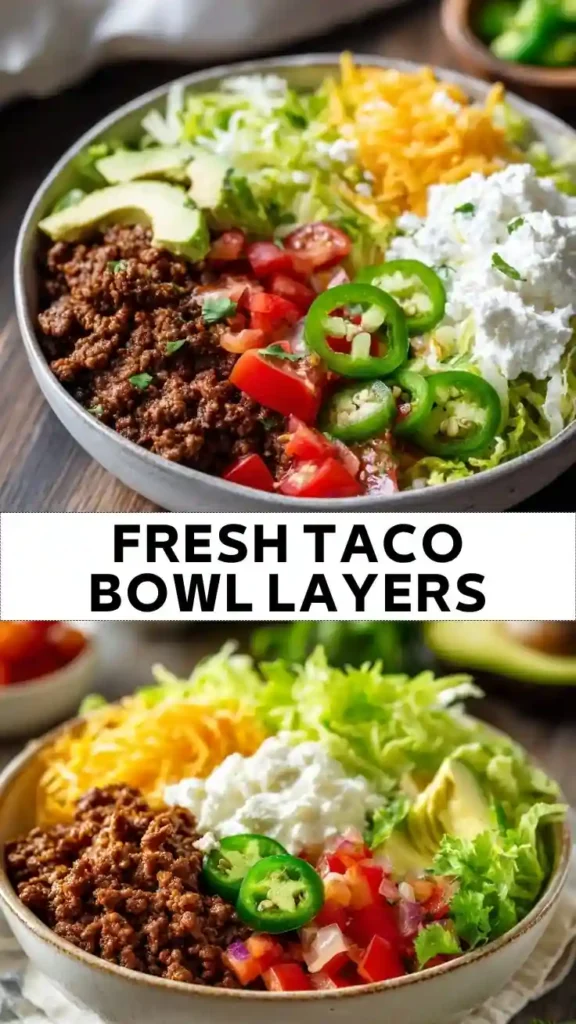 Fresh Taco Bowl Layers Recipe Fresh Taco Bowl Layers with Ground Beef, Avocado and Jalapeños