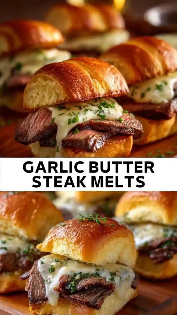 Garlic Butter Steak Melts Recipe | Cheesy Steak Slider Sandwiches Garlic Butter Steak Melt Sliders with Melted Cheese
