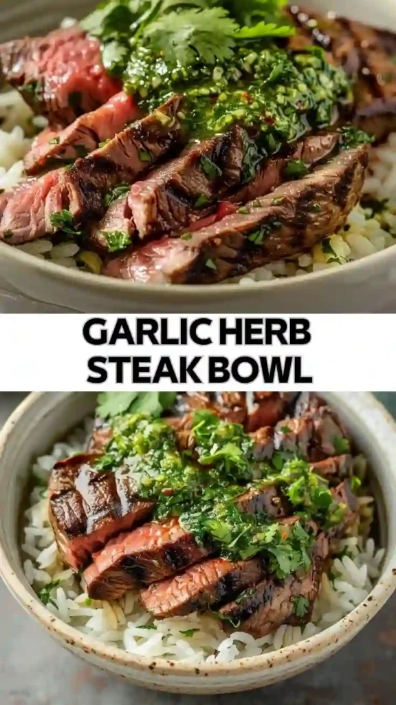 Garlic Herb Steak Bowl Recipe Garlic herb steak bowl with rice and chimichurri sauce