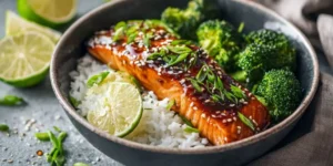Glossy Hot Honey Salmon Rice Bowl With Rice
