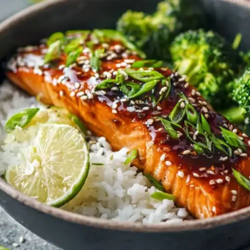 Glossy hot honey salmon rice bowl with broccoli and lime