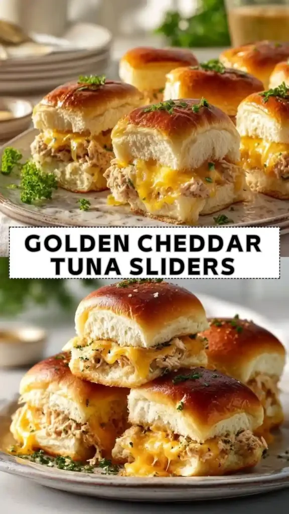 Golden Cheddar Tuna Sliders with Melted Cheese on Soft Hawaiian Rolls