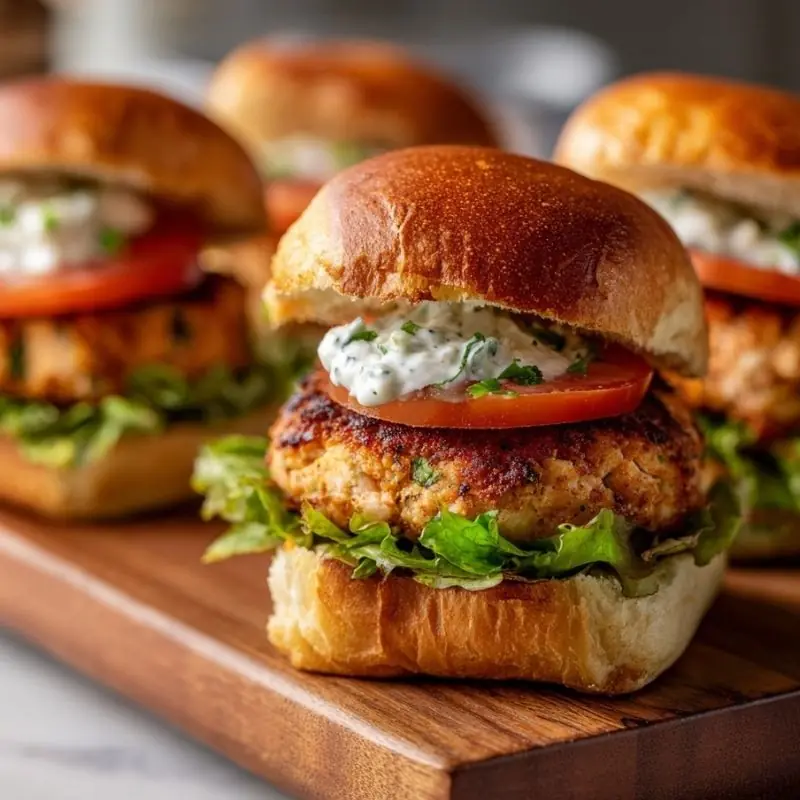 Golden Crispy Salmon Sliders with Tomato Lettuce and Herb Sauce