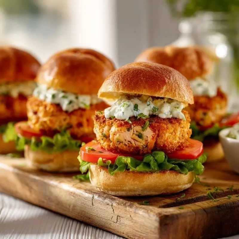 Golden Crispy Salmon Sliders with Lettuce Tomato and Creamy Herb Sauce