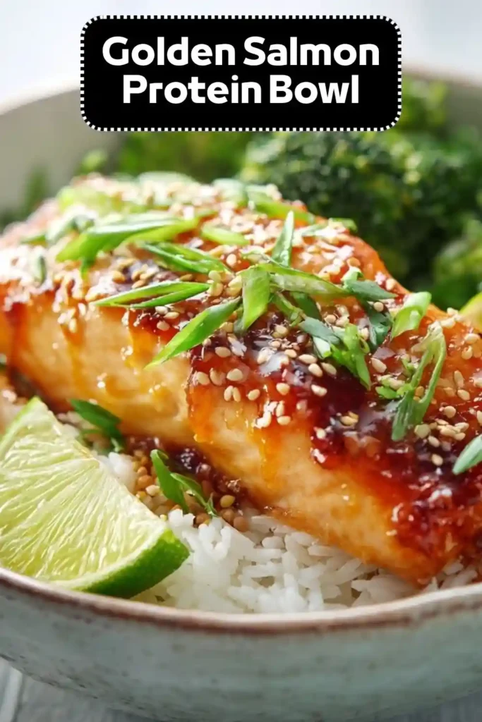 Golden salmon protein bowl with glazed salmon, rice, sesame seeds, green onions, lime wedges, and broccoli