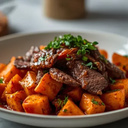 Hot Honey Beef Sweet Potato Bowl recipe
