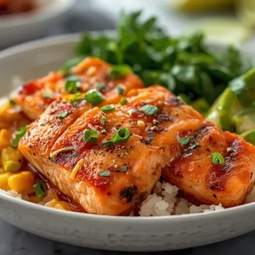 Hot Honey Salmon Corn Rice Bowl recipe