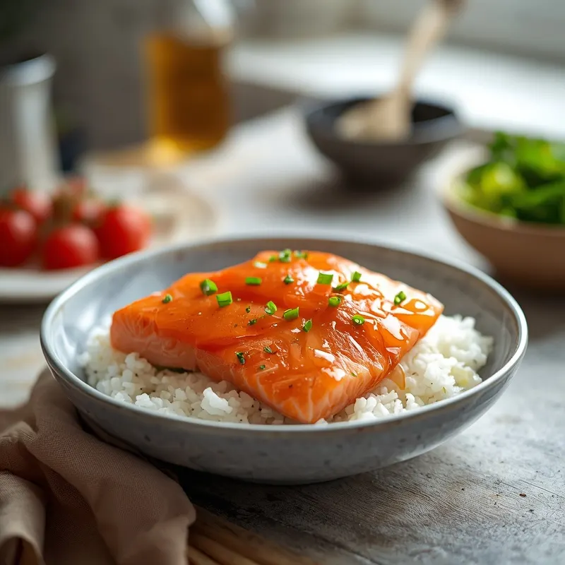 Glossy Hot Honey Salmon Rice Bowl With Rice Glossy Hot Honey Salmon Rice Bowl With Rice