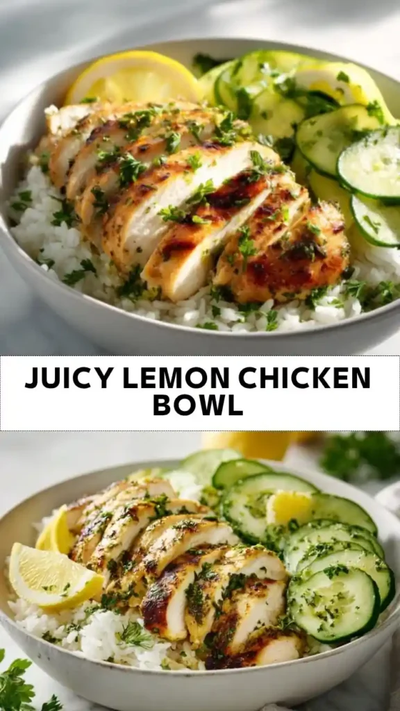 Juicy Lemon Chicken Bowl Recipe | Healthy Rice Bowl Meal Juicy Lemon Chicken Bowl with Rice and Fresh Cucumber Slices