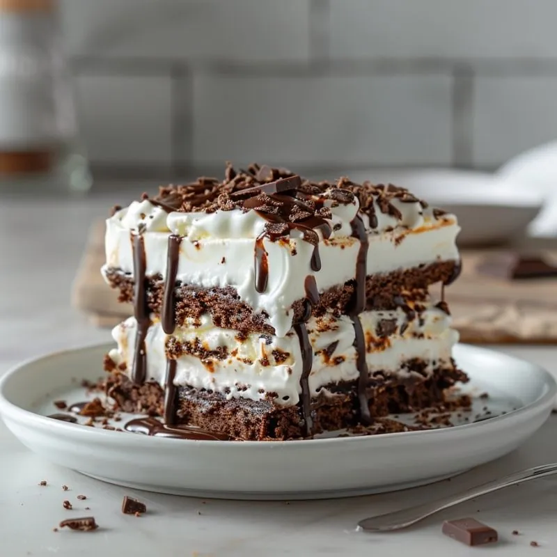 Layered Ice Cream Cake Dessert Layered ice cream cake with chocolate drizzle and creamy filling on a white dessert plate