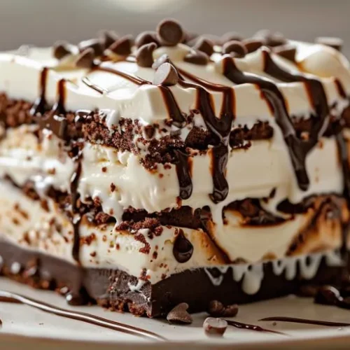Layered ice cream cake with chocolate drizzle and ice cream sandwiches on a dessert plate