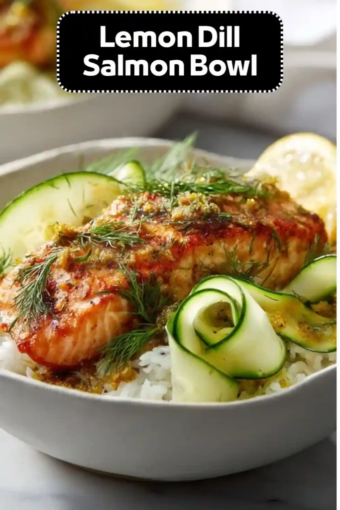Lemon dill salmon bowl with cucumber ribbons, fluffy rice, fresh dill, and lemon slices