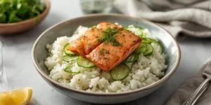Lemon Dill Salmon Cucumber Rice Bowl With Cucumber Ribbons