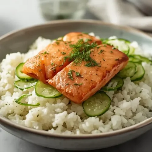 Lemon Dill Salmon Cucumber Rice Bowl recipe